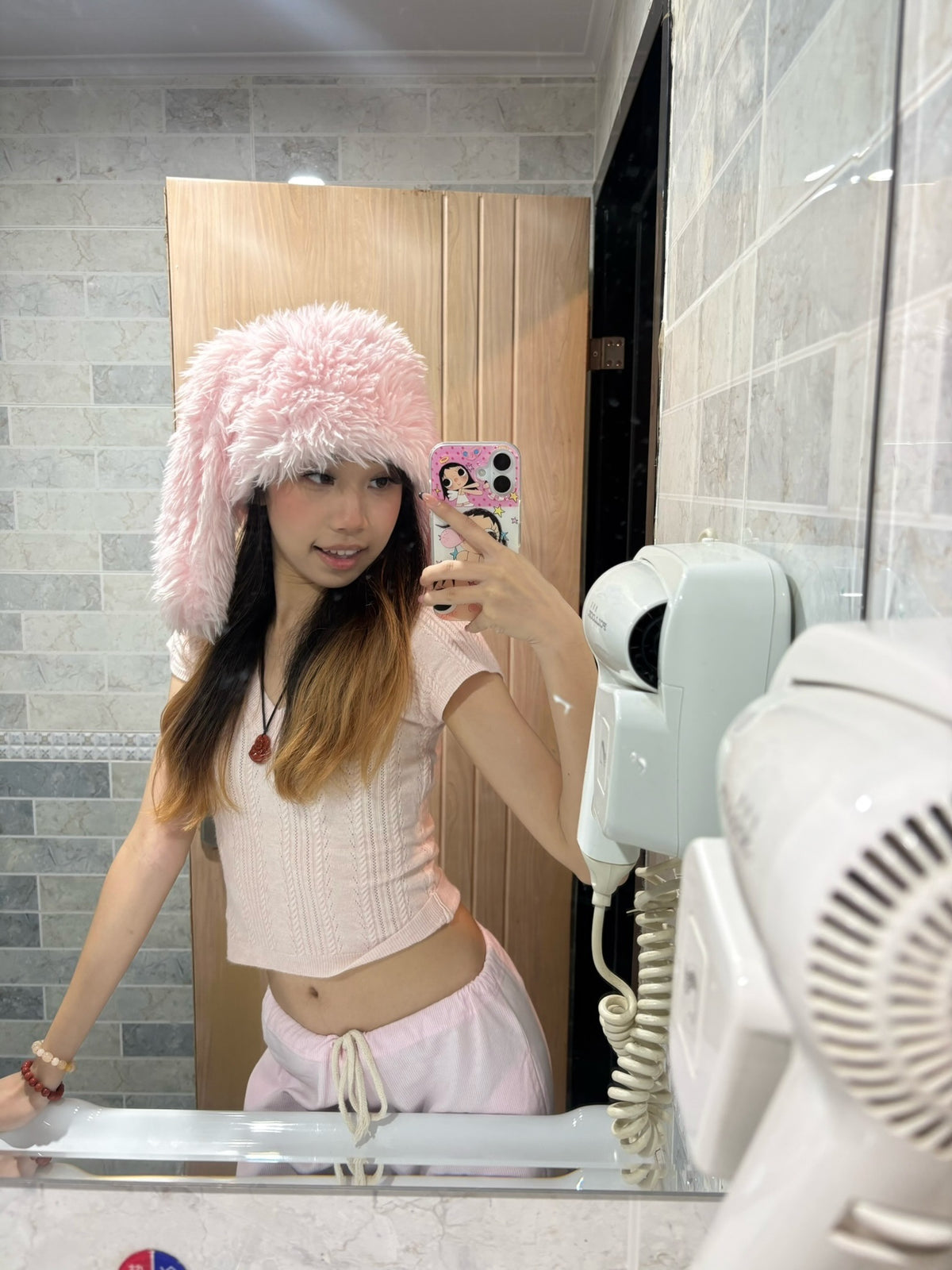 Fluffy faux-fur bunny ear hat-Pink