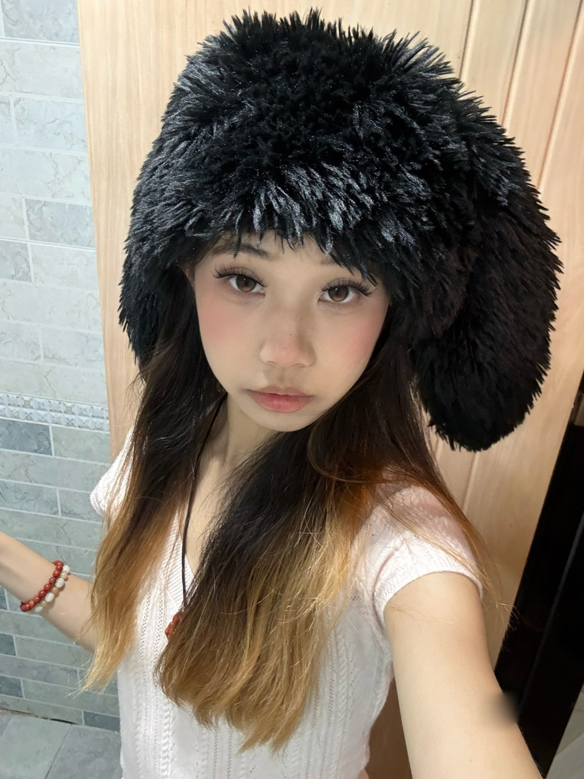 Fluffy faux-fur bunny ear hat-Black