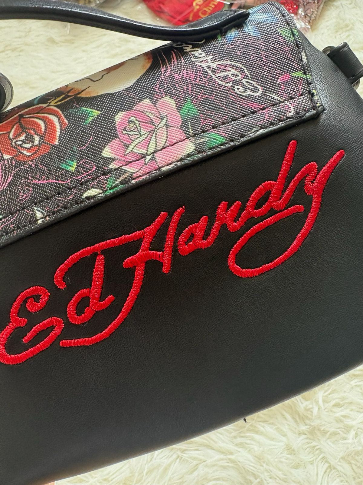 Ed Hardy black multicolor tattoo-print flap crossbody wristlet