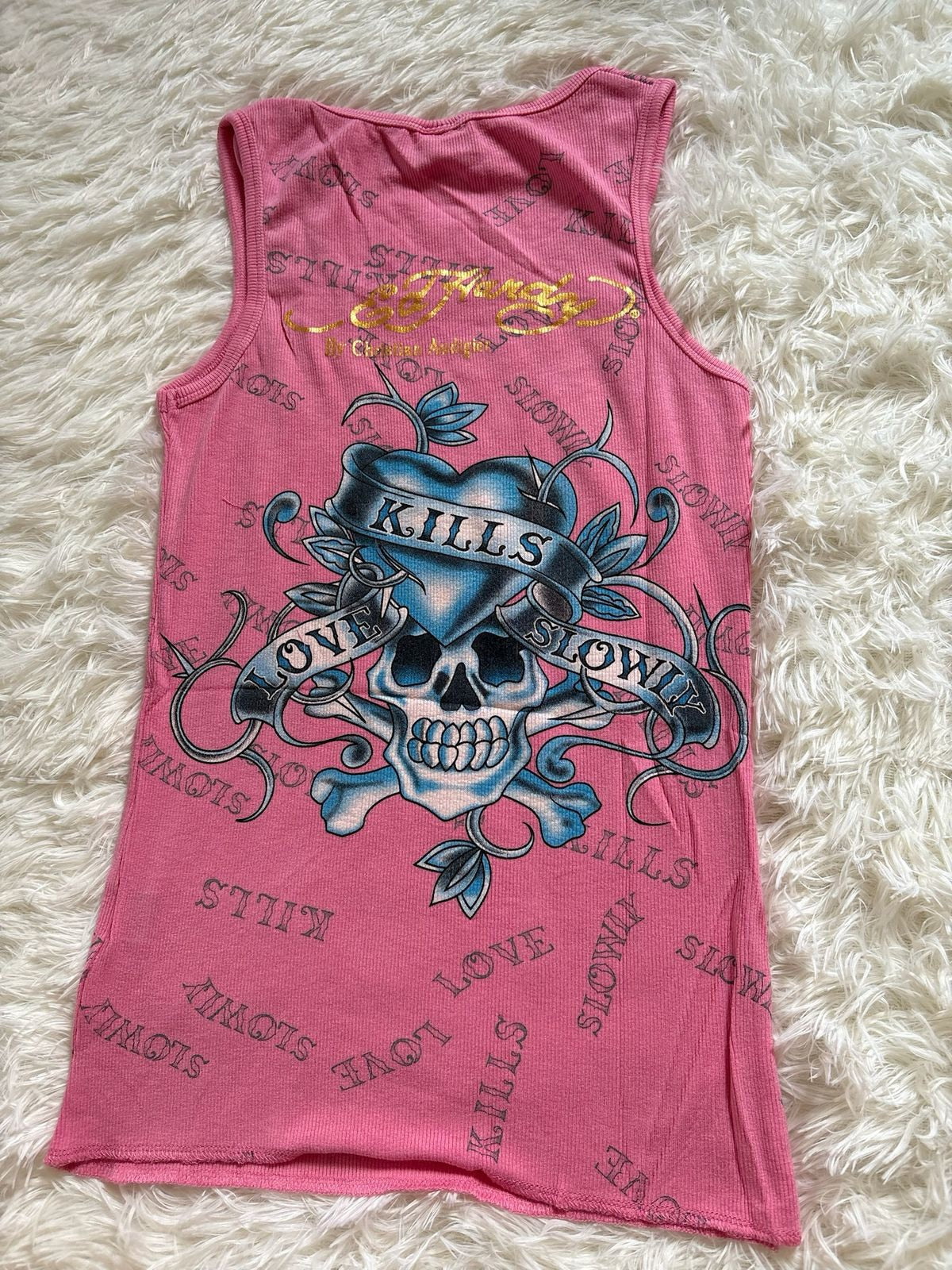 Ed Hardy by Christian Audigier pink ribbed tank top