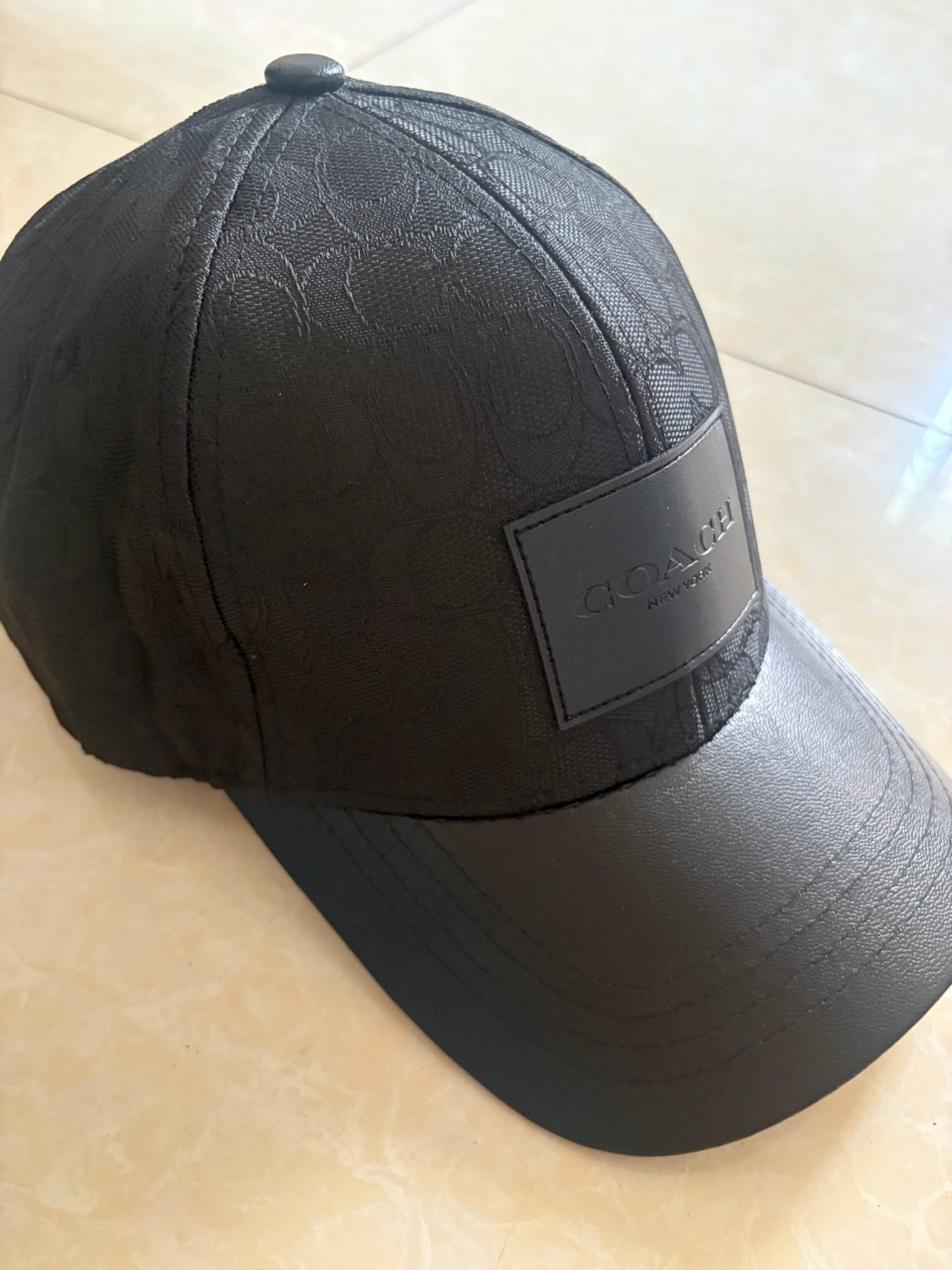 Coach signature jacquard and leather baseball cap-black