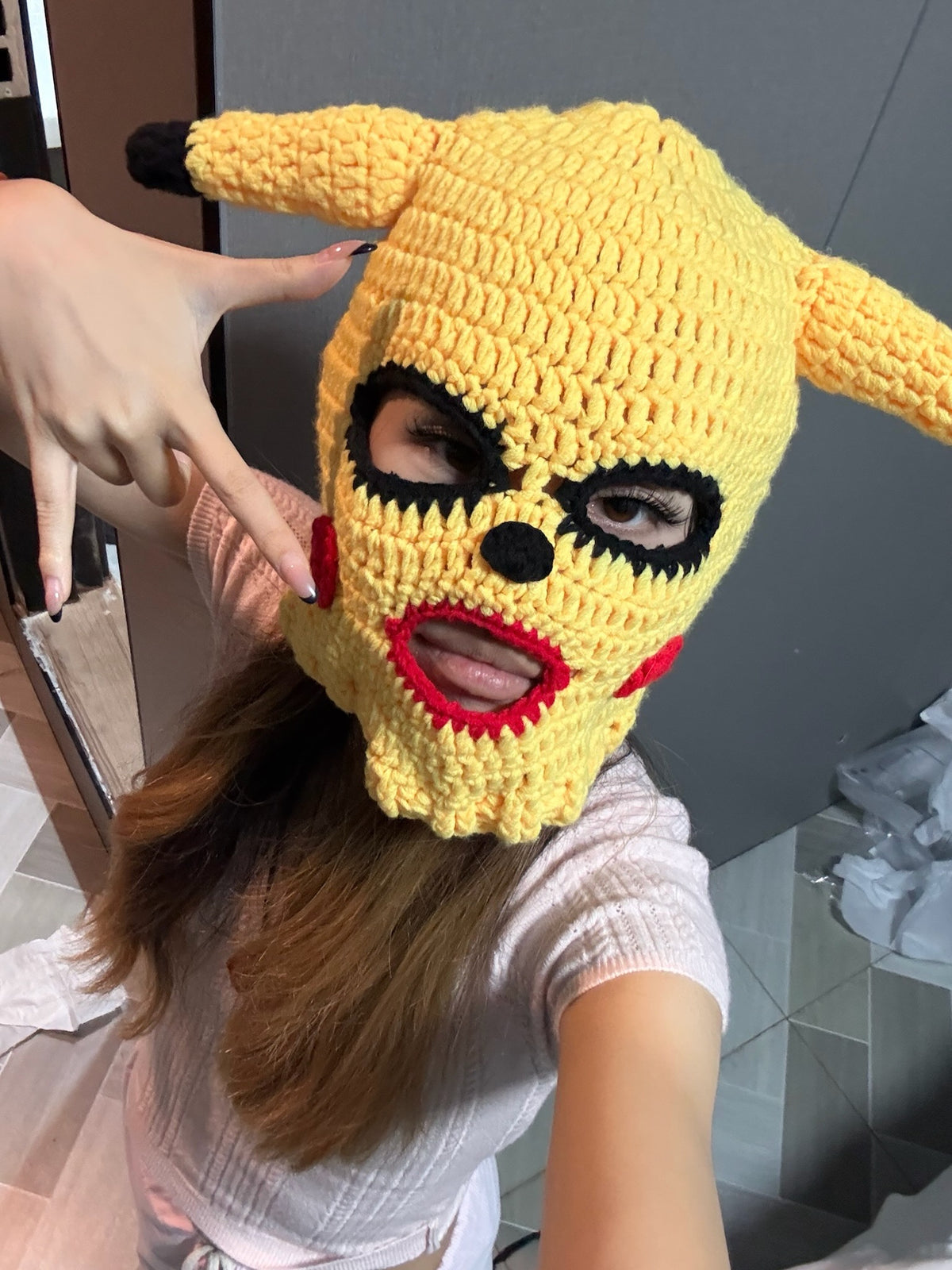 Crochet Pikachu balaclava ski mask -Yellow