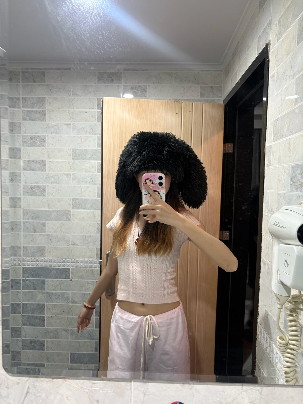 Fluffy faux-fur bunny ear hat-Black