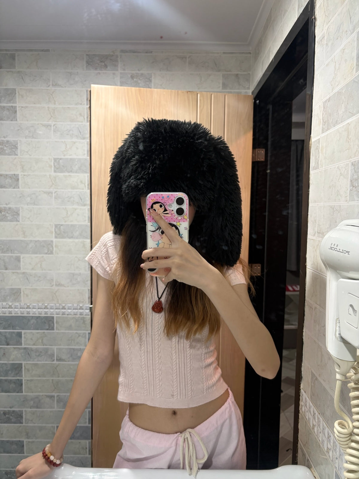 Fluffy faux-fur bunny ear hat-Black