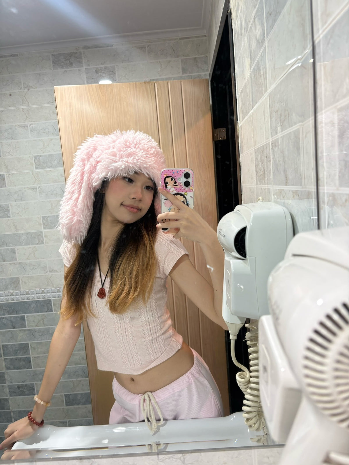 Fluffy faux-fur bunny ear hat-Pink