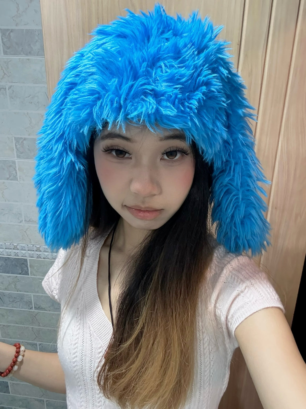 Fluffy faux-fur bunny ear hat-Blue