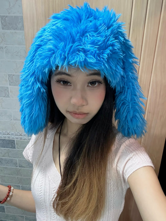 Fluffy faux-fur bunny ear hat-Blue