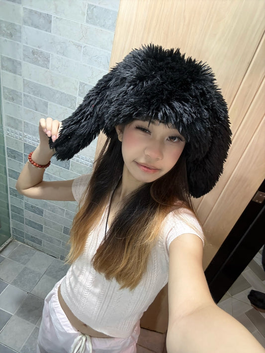 Fluffy faux-fur bunny ear hat-Black