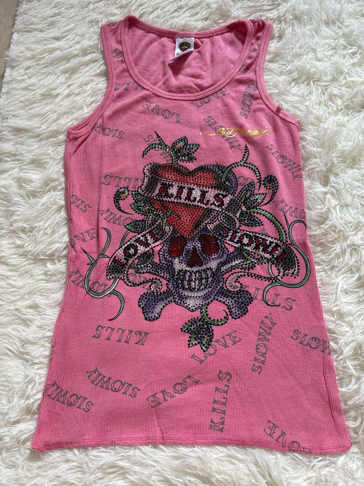 ⁠Ed Hardy by Christian Audigier pink ribbed tank top