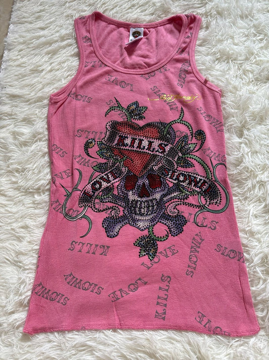 ⁠Ed Hardy by Christian Audigier pink ribbed tank top