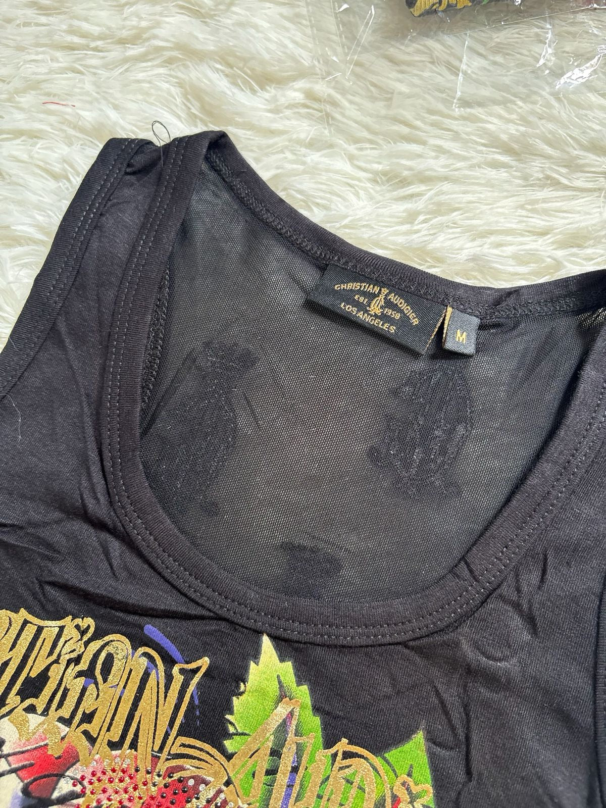 Vintage Ed Hardy by  Christian Audigier rhinestone flower black tank top