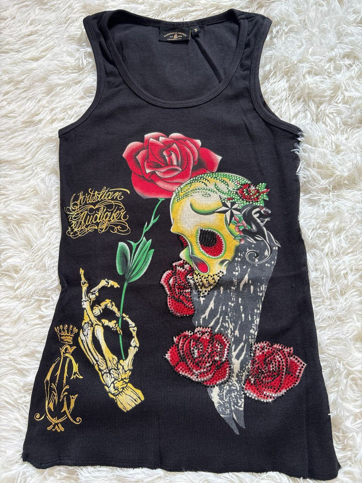 Vintage Christian Audigier black ribbed cotton tank top