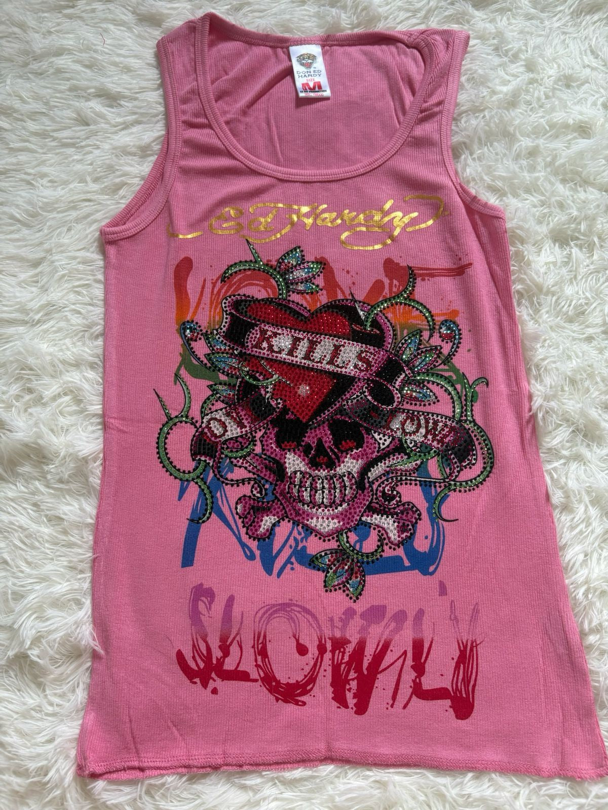 Ed Hardy Love Kills Slowly ribbed tank top-pink