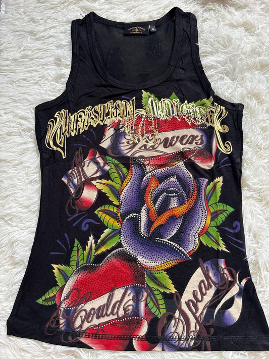Vintage Ed Hardy by  Christian Audigier rhinestone flower black tank top