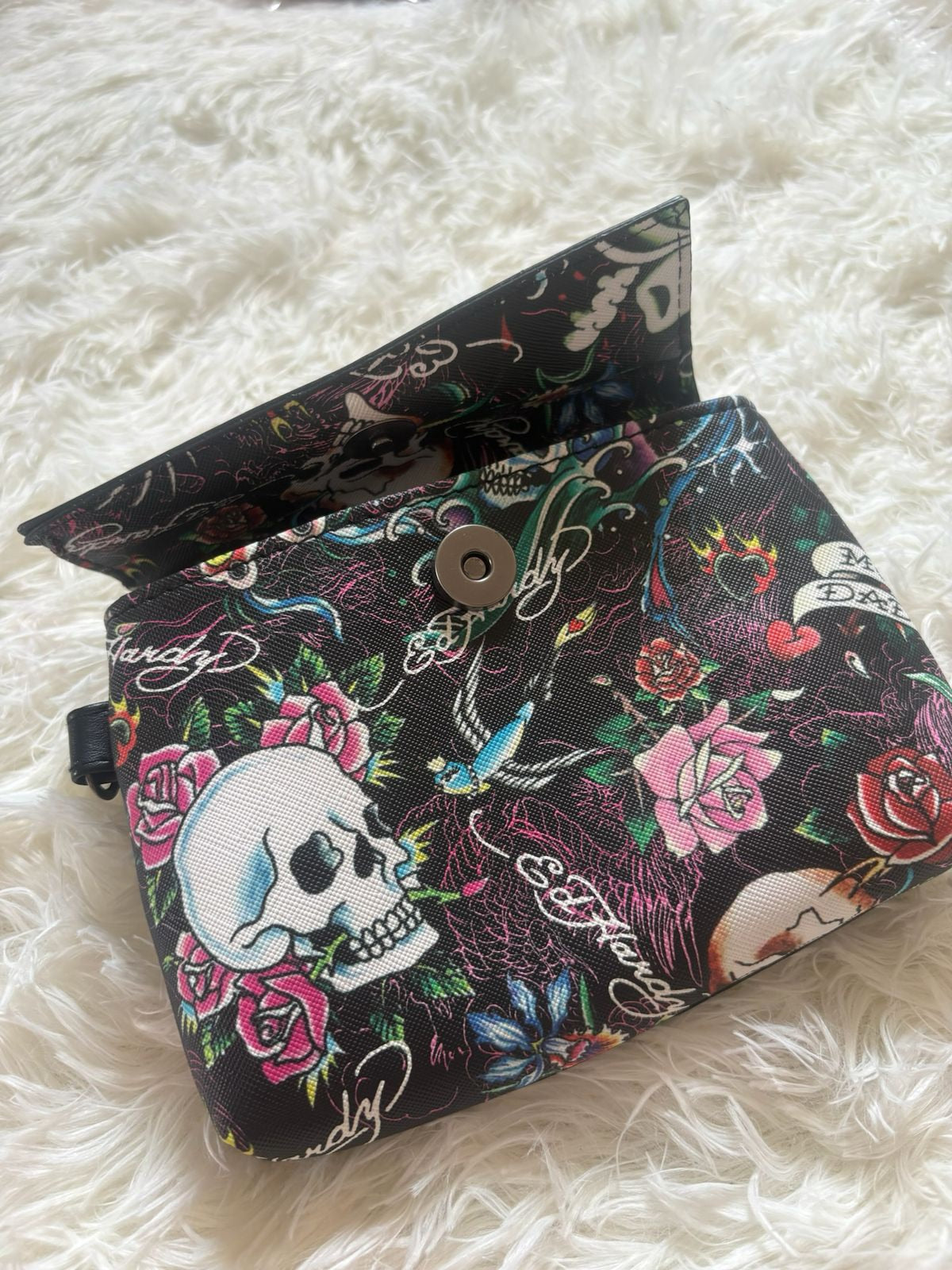 Ed Hardy black multicolor tattoo-print flap crossbody wristlet
