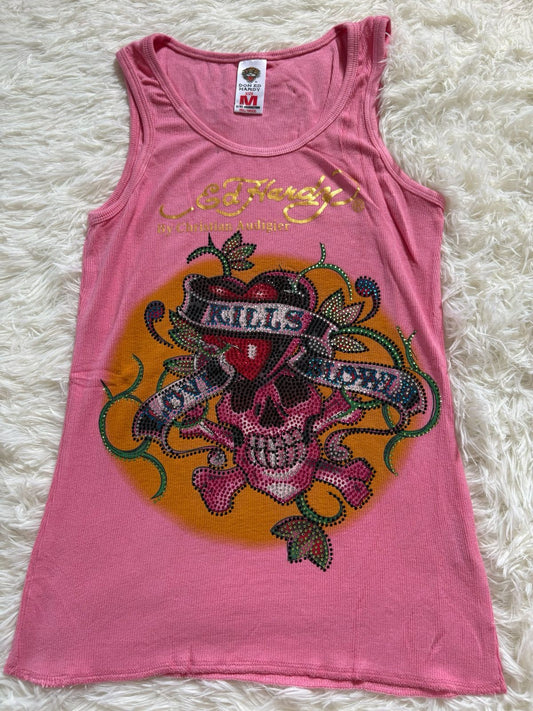 Ed Hardy by Christian Audigier Love Kills Slowly rhinestone skull tank top