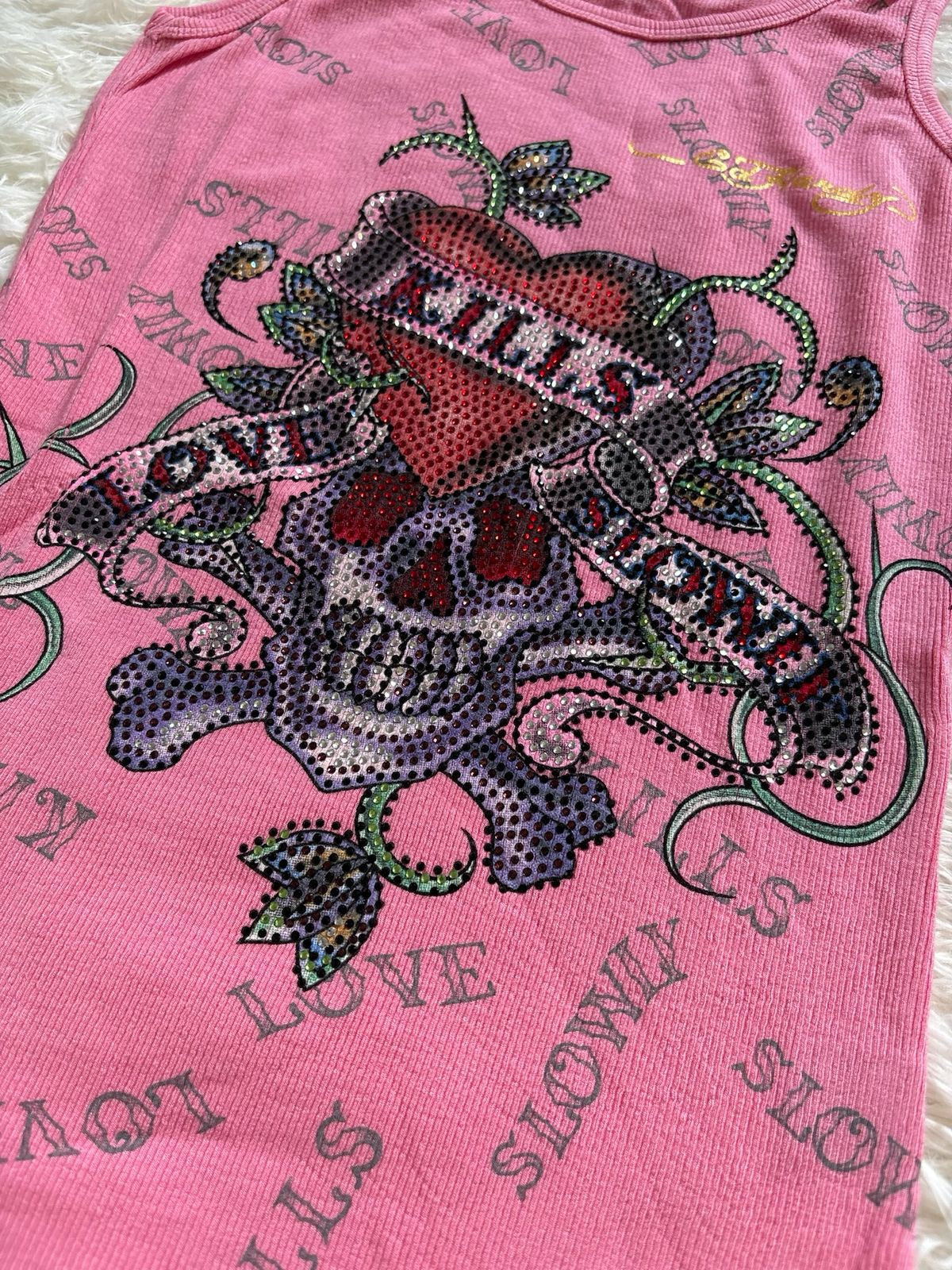 ⁠Ed Hardy by Christian Audigier pink ribbed tank top