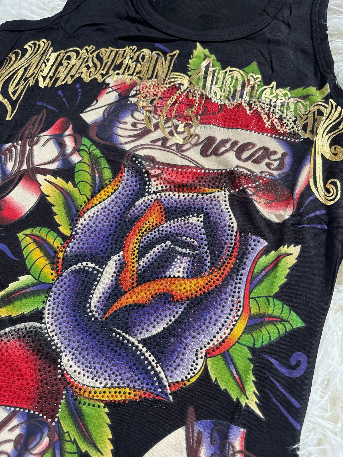 Vintage Ed Hardy by  Christian Audigier rhinestone flower black tank top