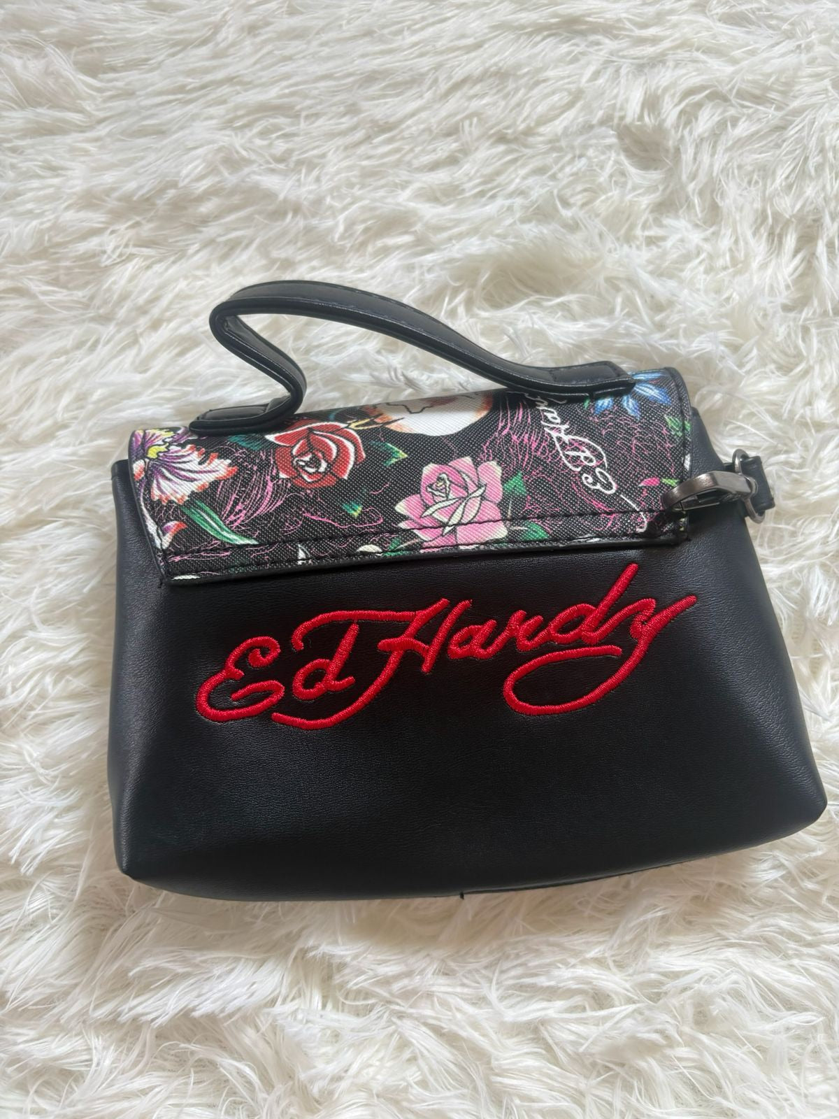 Ed Hardy black multicolor tattoo-print flap crossbody wristlet