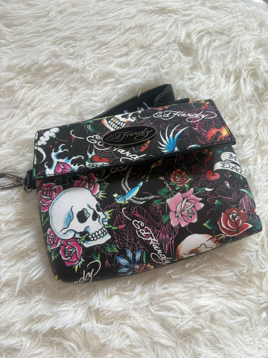 Ed Hardy black multicolor tattoo-print flap crossbody wristlet